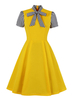 Robes de Vintages Courtes Femmes Imprimés à Col Montant avec Manches Courtes Coupe Cintrée Bas Evasée Unicolore Décors avec Noeud Bicolores Robes de Rétros