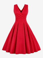 Robes de Vintages Femmes 1950s Courtes avec Bretelles à Col V Coupe Cintrée Bas Evasée Unicolore Robes de Rétros Etés