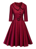Robes de Vintages Mi-longues Femmes à Col Revers avec Manches Mi-longues Coupe Cintrée avec Ceinture Bas Evasée Unicolore Robes de Rétros