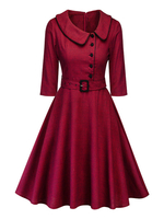 Robes de Vintages Mi-longues Femmes à Col Revers avec Manches Mi-longues Coupe Cintrée avec Ceinture Bas Evasée Unicolore Robes de Rétros