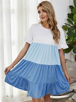 Robes droites bleu ciel clair bijou cou plissé polyester stretch bloc de couleur fantastique robe tube