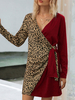 Robes droites bordeaux col en V imprimé léopard patch couleur bloc à lacets robe tube femme
