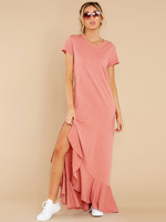 Robes droites camée marron manches courtes décontracté fendu devant col bijou asymétrique longue robe tube