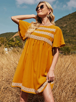 Robes droites col bijou orange manches courtes plissé polyester surdimensionné robe tube charmante