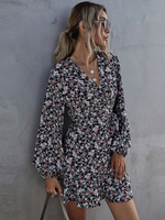 Robes Droites Courtes Imprimés les Fleurs Femmes à Col V avec Manches Longues Amples Coupe Cintrée à Lacets Bas Evasée