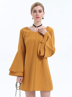 Robes Droites en Mousselines Courtes Femmes à Col Rond avec Manches Mi-longues Volantes avec Dos Nu à Lacets Croisés Bas Evasée Unicolore