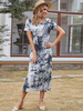 Robes droites fantaisie gris profond col bijou manches courtes fente devant polyester surdimensionné imprimé motif maxi robe tube