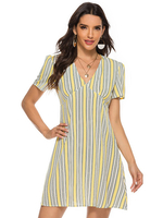Robes Droites Femmes à Col V avec Manches Courtes Imprimés les Rayures Coupe Cintrée Tricolores