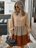 Robes Droites Femmes Courtes à Col Rond Fermeture avec Boutons avec Manches Longues Amples Bas Evasée Cousu Multicolores