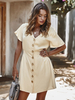 Robes Droites Femmes Courtes à Col V avec Manches Courtes Volantes Coupe Cintrée Fermeture avec Boutons Unicolore