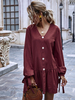 Robes Droites Femmes Courtes Décontractées à Col V avec Manches Longues Amples Décos avec Boutons Unicolore Bas Evasée