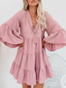 Robes Droites Femmes Décontractés à Col V à Lacets avec Manches Longues Amples Unicolore Bas Evasée Robes Droites