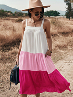 Robes Droites Femmes Mi-Longues avec Bretelles à Col Carré avec Poches Bas Evasée Cousu Tricolores Robes Etés