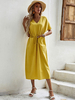 Robes droites Jaune Col en V Manches Courtes Robe tunique surdimensionnée en polyester avec cordon de serrage fantastique
