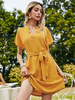 Robes droites Manches courtes Décontractée Robe tunique jaune à lacets et à encolure en V