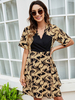 Robes droites manches courtes motif imprimé passepoil décontracté col en v asymétrique robe tunique noire