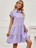 Robes droites Manches courtes Plaid Décontracté Col rabattu Robe tunique violette