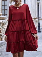 Robes Droites Manches Longues Décontracté Volants Col bijou Robe tunique bordeaux Robe Plissé