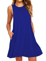 Robes Droites Mi-longues Décontractés Femmes à Col Rond avec Bretelles sans Manches avec Poches Bas Evasée Unicolore Comfortable