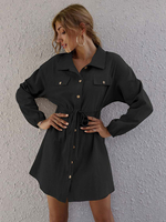 Robes droites noires attrayante col rabattu à lacets en mélange de coton robe chemise femme tube