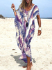 Robes droites pourpre à volants col en U Robe tunique asymétrique en polyester moderne tie-dye