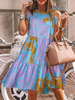 Robes droites pourpre manches courtes motif imprimé décontracté plissé col bijou robe tube surdimensionnée