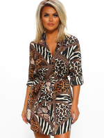 Robes droites Robe mi-longue en polyester à manches longues et col rabattu imprimé léopard