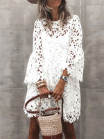 Robes en Dentelle Blanc Col bijou Manches 3/4 Dentelle Polyester Décontractée Robes Midi