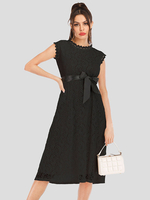 Robes en dentelle noire col bijou sans manches polyester noué à lacets robes mi-longues décontractées