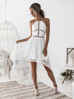 Robes en Dentelles Courtes Etés Sexy Creusantes robe fleurie avec Bretelles à Col Rond avec Dos Nu à Lacets Croisé Bas Evasée avec Traîne Unicolore Robes Etés Sexy