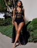 Robes en Dentelles Longues Femmes à Traîne à Col Décolleté en V avec Manches Longues Coupe Cintrée Unicolore Sexy Imprimés les Fleurs