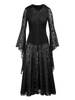 Robes en Dentelles Longues Femmes Sexy à Col Revers avec Manches Longues Volantes Coupe Cintrée Bas Evasée à Lacets Croisés Unicolore