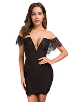 Robes en Dentelles Moulantes Courtes Femmes à Col Décolleté en V avec Manches Courtes en Dentelles avec Epaules Nues Coupe Cintrée Unicolore Sexy