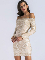 Robes en Dentelles Moulantes Femmes Courtes avec Epaules Nues avec Manches Longues Couep Cintrée Imprimés les Fleurs Unicolore Sexy