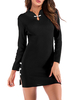 Robes en Maille Femmes Courtes à Col Montant avec Manches Longues Fente Latérale à Boucles Unicolore Robes Côtelés Femmes