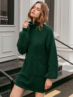 Robes en Mailles Courtes Droites Femmes avec Col Montant avec Manches Longues Amples avec Poches Unicolore