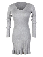 Robes en Mailles Courtes Femmes à Col Rond avec Manches Longues Moulantes avec Bas Volants Unicolore