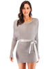 Robes en Mailles Courtes Moulantes Femmes à Col Rond avec Manches Longues Coupe Cintrée avec Ceinture en Satin Unicolore