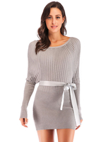 Robes en Mailles Courtes Moulantes Femmes à Col Rond avec Manches Longues Coupe Cintrée avec Ceinture en Satin Unicolore