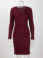 Robes en Mailles Courtes Moulantes Femmes à Col V à Lacets avec Manches Longues Unicolore