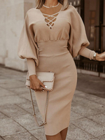 Robes en Mailles Moulantes Mi-longues Femmes à Col V à Lacets avec Manches Longues Amples Coupe Cintrée Unicolore Sexy