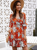 Robes Eté Courtes Imprimés Florales à Col V avec Manches Mi-longues Volantes Coupe Cintrée Bas Evasée Bicolores Robes Eté Sexy