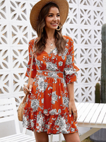Robes Eté Courtes Imprimés Florales à Col V avec Manches Mi-longues Volantes Coupe Cintrée Bas Evasée Bicolores Robes Eté Sexy