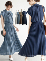 Robes Eté Longue en Mousseline en Plis Femme à Col Rond avec Manches Courtes Coupe Cintrée Elastique Bas Evasée Unicolore Robes Eté Sexy
