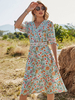 Robes Etés Bohèmes Femmes Mi-longues Imprimés les Fleurs à Col V avec Manches Mi-longues à Lacets Coupe Cintrée Bas Evasée