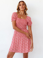 Robes Etés Courets Imprimés Florales Femmes à Col Carré avec Manches Courtes Amples Coupe Cintrée Elastique Bas Evasée Bicolores Robes Eté Sexy