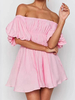 Robes Etés Courtes en Mousselines avec Manches Courtes Amples avec Epaule Dénudées Coupe Cintrée Elastique Bas Evasée Unicolore Robe Eté Sexy