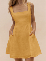 Robes Etés Courtes Femmes avec Bretelles à Col Carré Coupe Cintrée à Lacets avec Noeud avec Poches Bas Evasée Unicolore Robes Etés Courtes Femmes