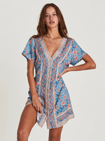Robes Etés Courtes Femmes Imprimés robe fleurie à Col V avec Manches Courtes Coupe Cintrée Multicolores Robes Sexy