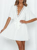 Robes Etés Courtes Femmes Sexy à Col V avec Manches Courtes Volantes Coupe Cintrée à Lacets Bas Evasée Unicolore Robes Sexy